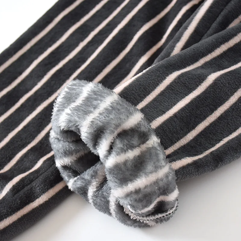 

Women Sleep Bottom Couples Winter Flannel Warm Striped Thicker Bundle Trousers Home Wear Female Drawstring Elastic Waist Leisure