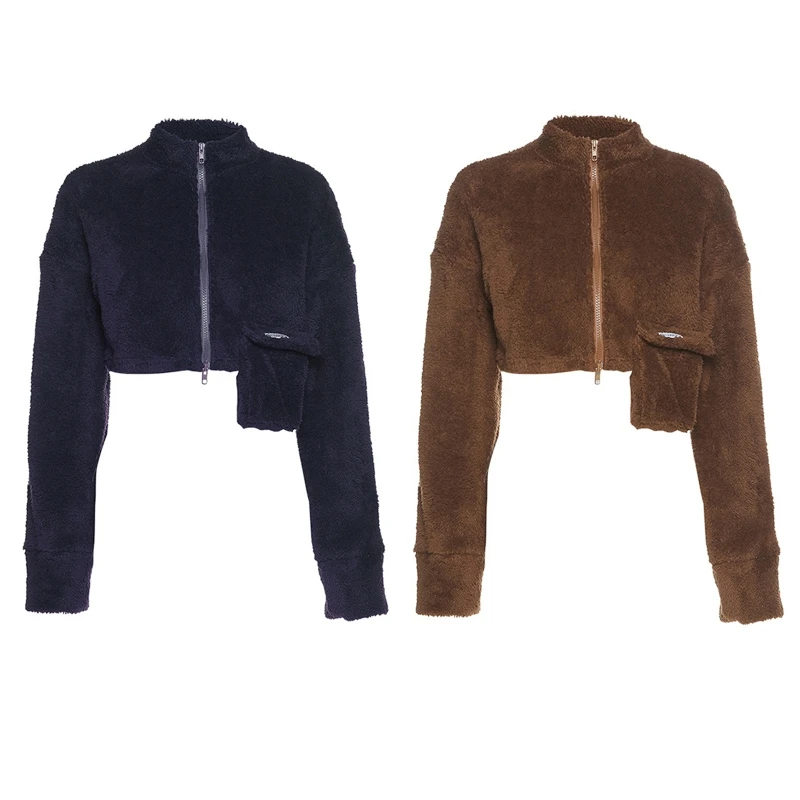 

Women Long Sleeve Fuzzy Plush Jacket Double Zipper Stand Collar Shaggy Coat Harajuku Pocket Patchwork Loose Crop Outwear 2021