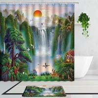 chinese style oil painting scenery shower curtains forest waterfall flower bird landscape bathroom curtain set non slip bath mat