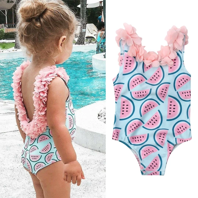 

Купальник для маленьких девочек с принтом арбуза, оборками и открытой спиной, женский летний купальный костюм для маленьких детей, Повседне...
