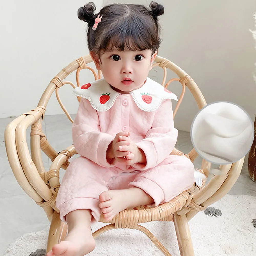 

Winter Baby Girl Jumpsuit Double Layer Plus Velvet Newborn Romper Thick Warm Pink Cute One-piece