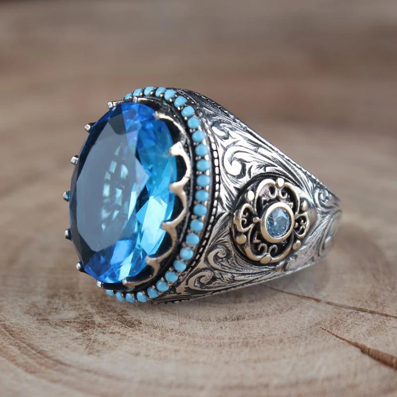 

Sea Blue Zircon Ring Cross-Border European And American Fashion Retro Alloy Jewelry Simple Personality Accessories Wholesale