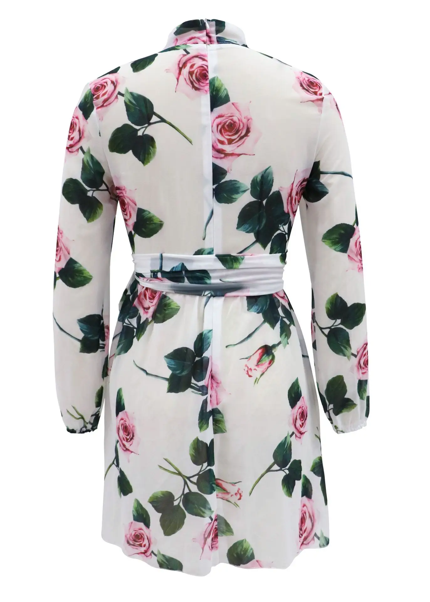 

New Style Fashion Women Long Sleeve Stand Collar Lace up Print Chiffon Short Dress