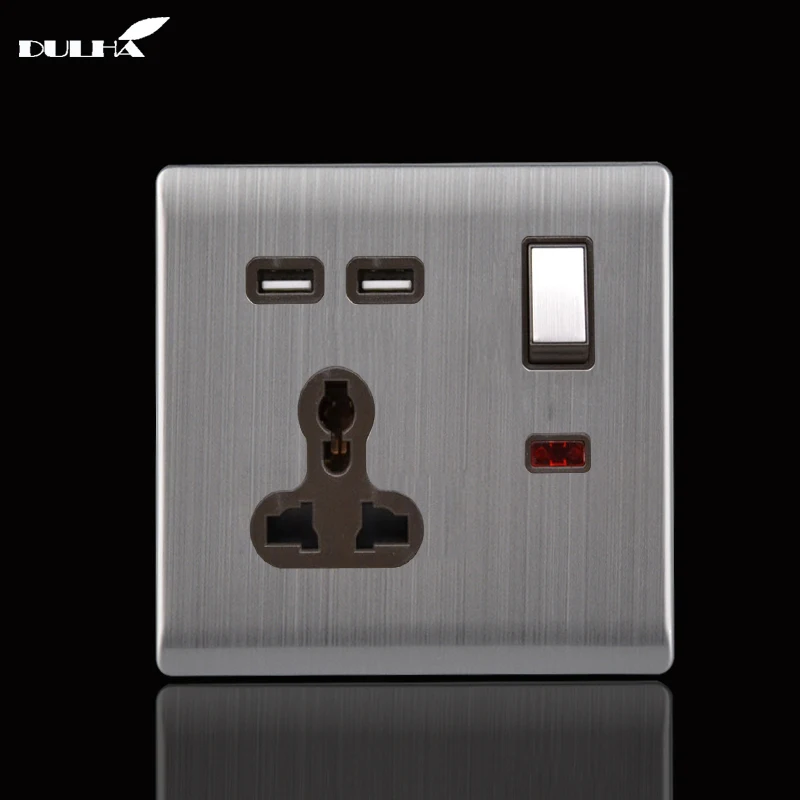 

13A Dual USB Port Charger Plug Wall Switched Socket 1 Gang 3 Pins Universal Electric Power Outlet Luxury Stainless Steel Panel
