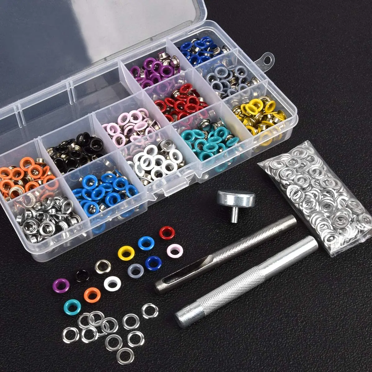 

540 Sets 5mm 12 Colors Metal Eyelet Prong Snap Button Grommets Fasteners Kit for DIY Waterproof Tent Clothing Shoes Bag Leather