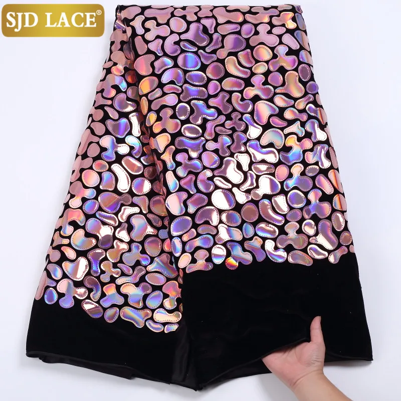

SJD LACE Gold Sequins African Lace Fabric Embroidery Sequined Nigerian Velvet Lace Fabric High Quality Velvet For Party Sew2226B