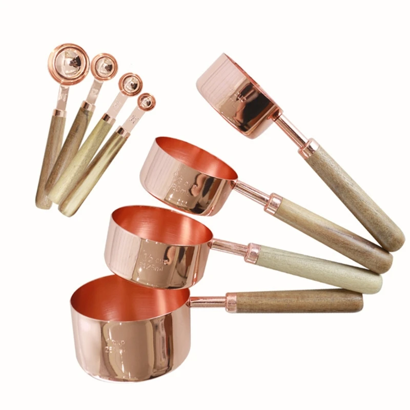 Набор из 8 мерных стаканчиков и ложек нержавеющей стали с деревянной ручкой