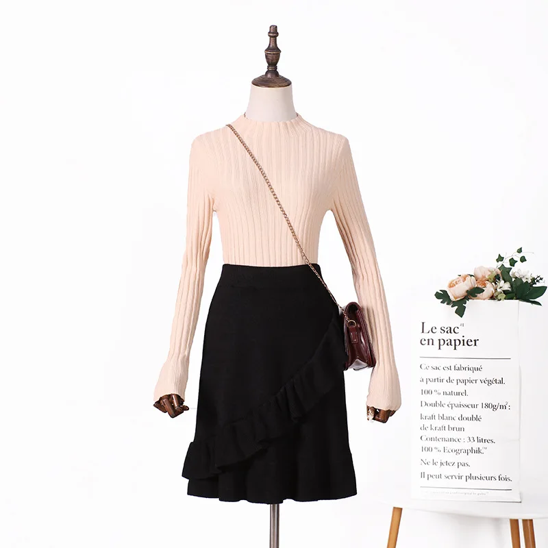 Autumn winter women knitting skirt Womens lady knit Retro Grey Irregular ruffled pleated A-line hip Skirt female skirts - Цвет: Черный