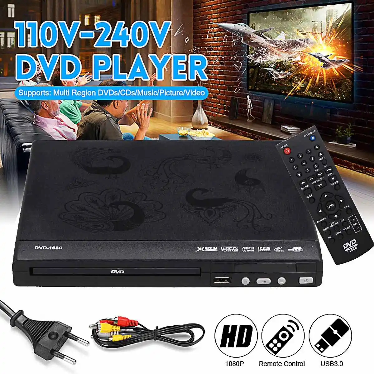 

USB 2.0 3.0 All Region Free CD Discs DVD Player Compatible Entertainment Music Video Movie Audio TV Media AV Remote Control