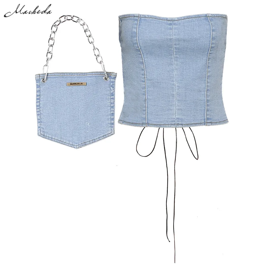 

Spring Fashion Cowboy Women Back Lacr Up Sleeveless Tank Top And Bag Clothing Y2K Lady Sexy Denim Cropped Top 2021 New
