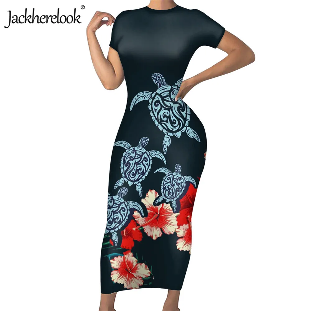 

Jackherelook Hawaiian Turtle Hibiscus Polynesian Tribal Print Sexy Bodycon Party Dress Womens Short Sleeve Slim Pencil Dresses