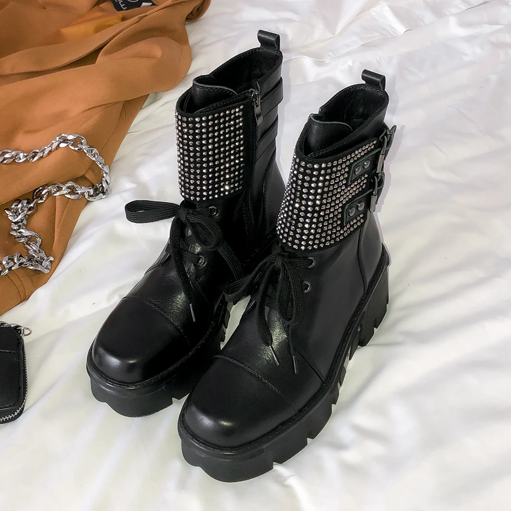 

Top Quality woman shoes Punk Style Genuine Leather Cow Solid High Heel With Buckle Women Ankle Boots Autumn Winter Female