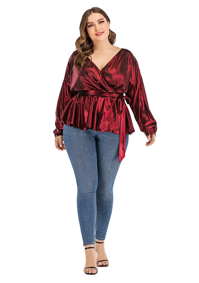 

Plus size Women's Tops 2021 Autumn Winter Christmas Hedging V-Neck Slim Shirt Wine Red Lantern Sleeves Slim Lace Ladies Blouse