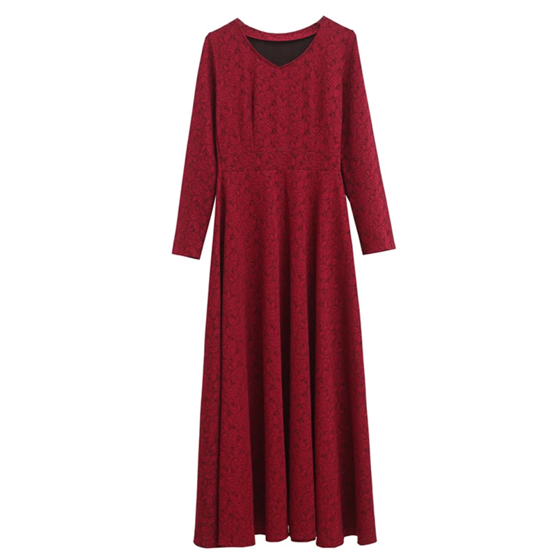 

2020 New Spring Autumn Women Jacquard Dress Elegant Slim V-Neck Vintage Long Sleeve Dresses Pleated A-Line Dress Vestidos R90