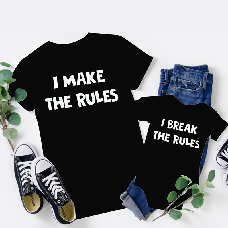 Ropa a juego para la familia, Camiseta de algod&oacute;n de aspecto familiar, pap&aacute;, mam&aacute;, ni&ntilde;os, beb&eacute;, I MAKE RULES I BREAK RULES, camiseta de aspecto familiar-4