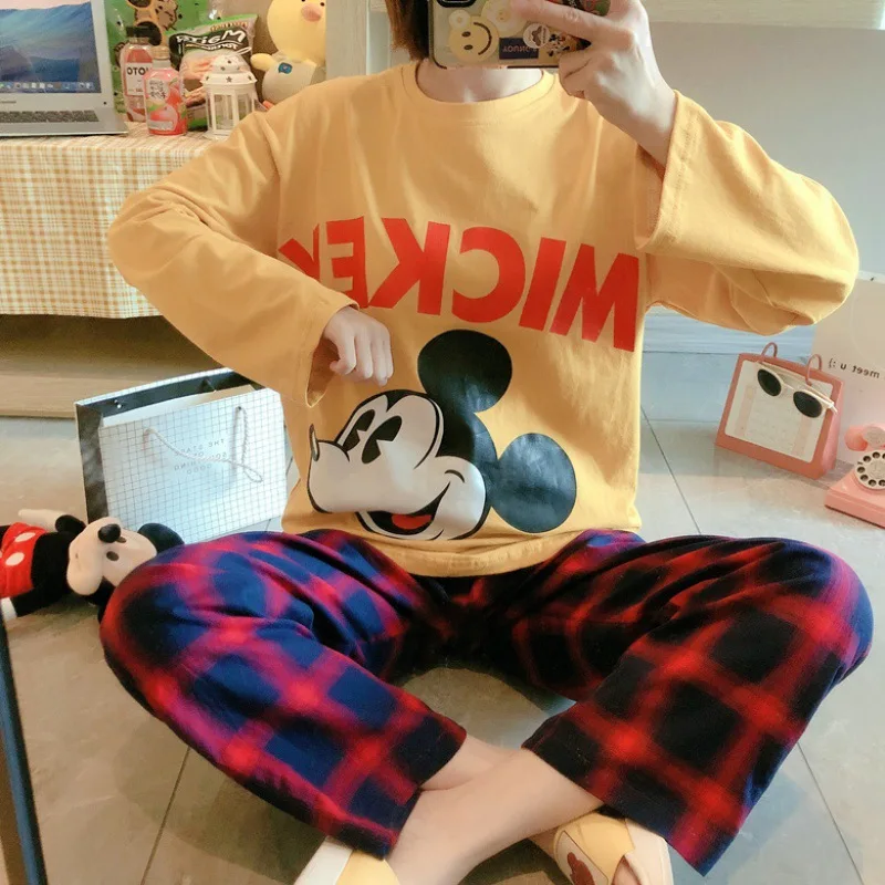 

Disney Pajamas Ladies Mickey Print Pajamas Spring and Autumn Long-sleeved Plaid pants New Home Wear Suit Casual Pajamas