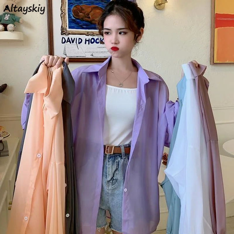 

Shirts Women Breathable Simple Fit Long Sleeves Sun-protective Korean Style Chic Summer Solid Thin Loose Streetwear Female Sweet