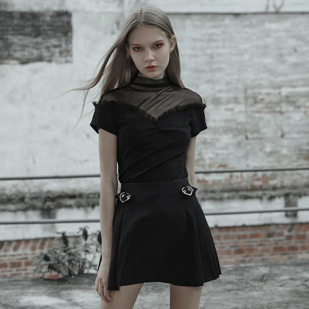 

Sexy Lotus Leaf Summer Short Sleeve Party Evening Shirts Women's Gothic High Neck Mesh Splicing Playful Tight Knit Top PUNK RAVE