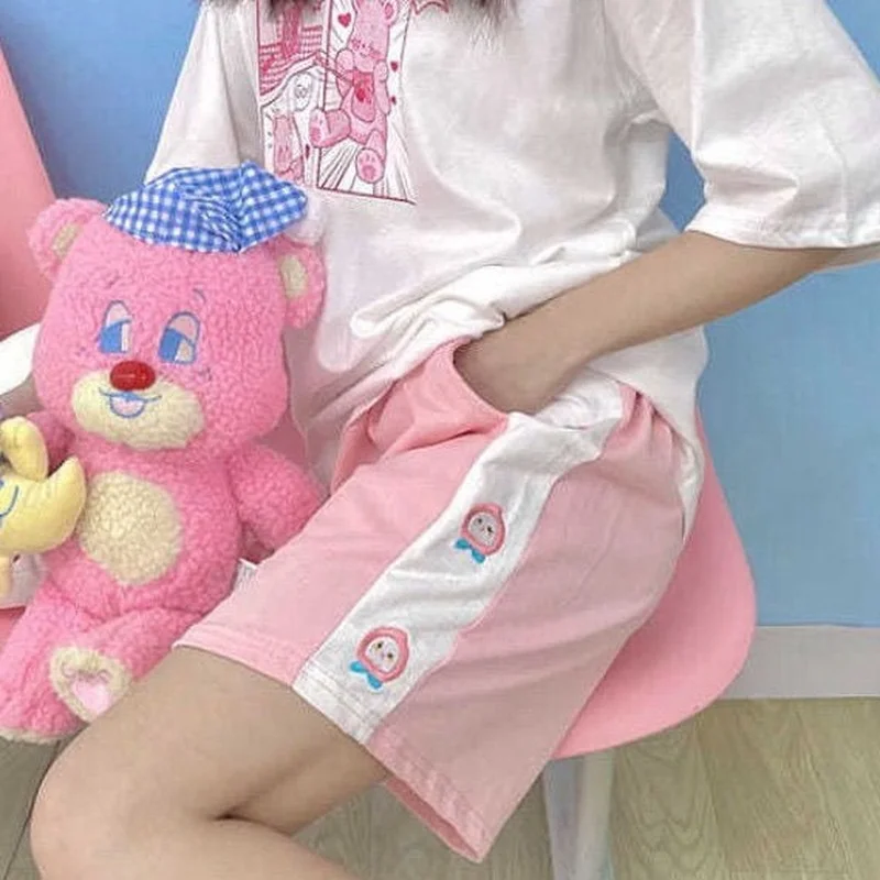 

Women Sleep Bottoms Patchwork Lovely Ulzzang Cozy High Waist Fashion Loose Casual Sleepwear Fruit Embroidery Sweet Teens Soft