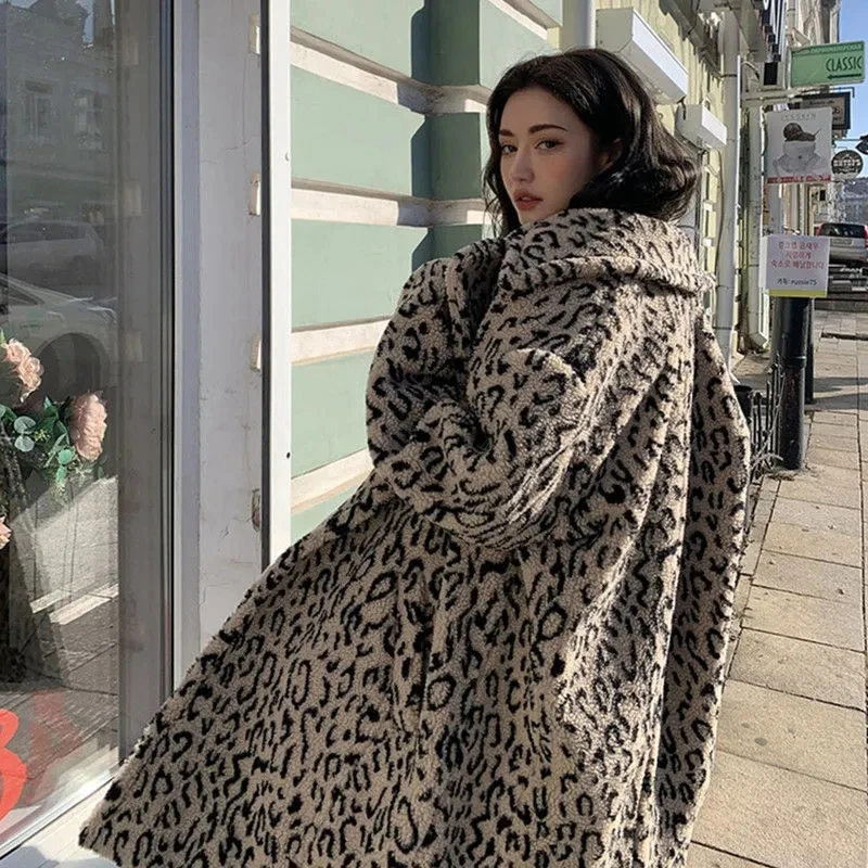 

High Quality Luxury Leopard Long Overcoats Women Classic Faux Fur Coats 2021 Autumn Winter Warm Thick Fluffy Plush Jackets