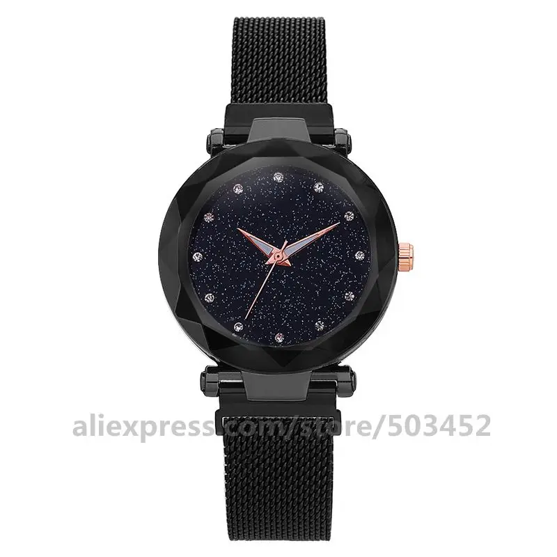 black alloy case 100 шт./лот, женские часы с цветным сетчатым ремешком, кристальным циферблатом, без логотипа, кварцевые наручные часы,, женские сетчатые часы для ленивых, звездное небо - Цвет: black alloy case