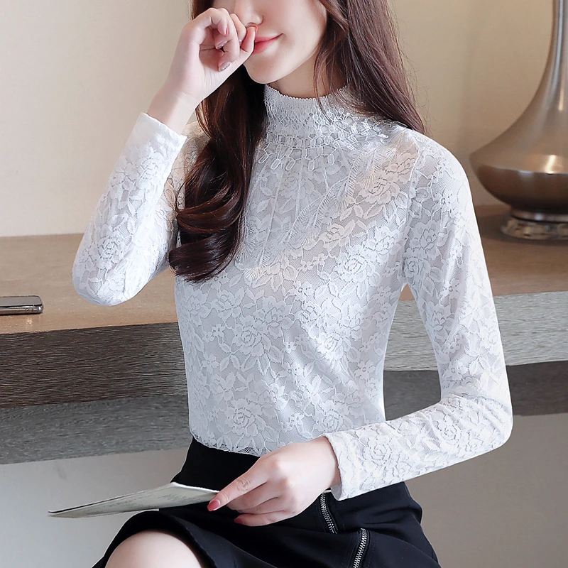 

Korean tops 2019 women Clothing Solid Stand Tops Spliced Office Lady Long Sleeve Lace Blouse Blusas shirt plus size tops 7097 50