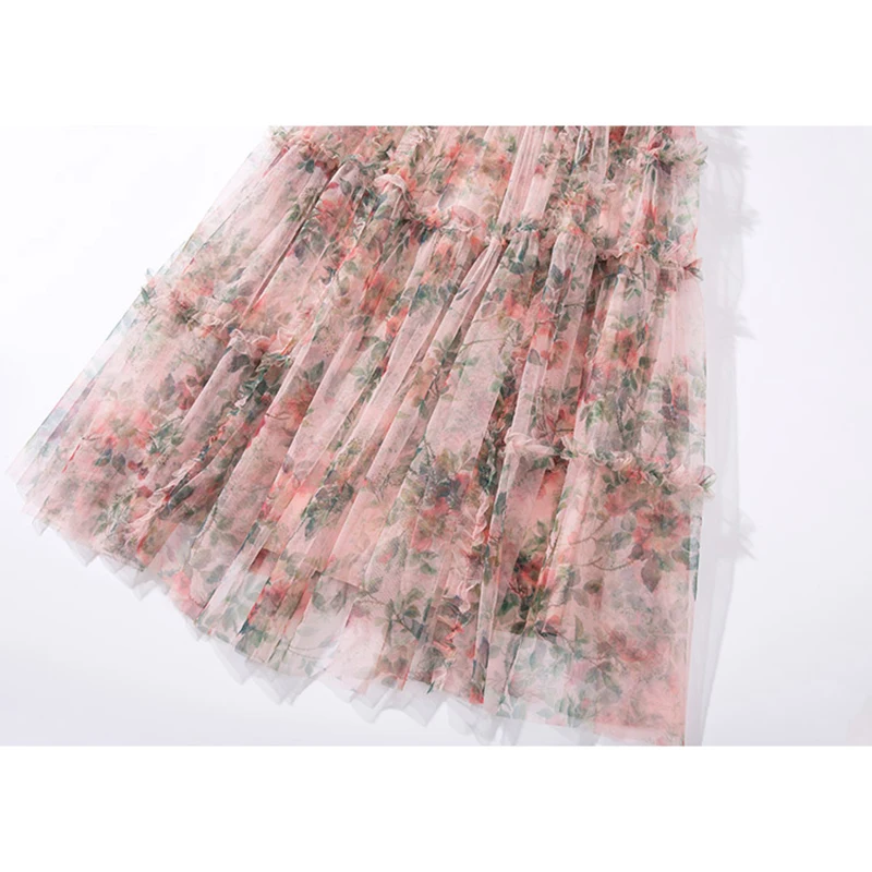 

Designer Fashion Summer Long Dress 2021 Women Mesh Printed Patchwork Spaghetti Strap Backless Beach Holiday Dresses