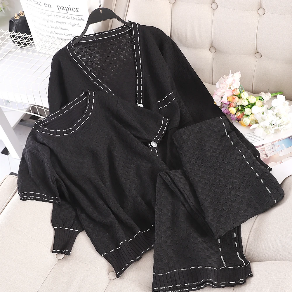 Женский костюм из трех предметов трикотажный кардиган + футболка брюки с