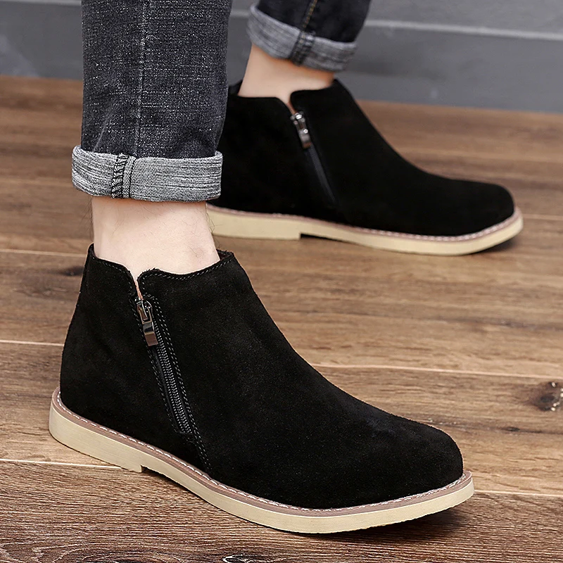 

Fashion Winter Men Chelsea Boots zips Slip-On Cow suede Leather Trend Man Leisure plush warm snow Boots Black Casual Shoes men