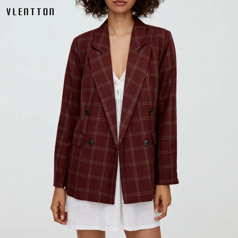 Осенне зимний винтажный клетчатый блейзер для женщин модные двубортные костюмы