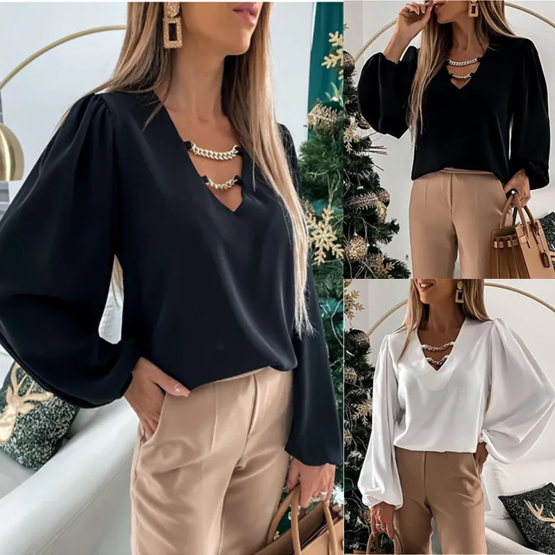 

2022 spring and summer simple loose long-sleeved long-sleeved V-neck shirt with chain decoration for women