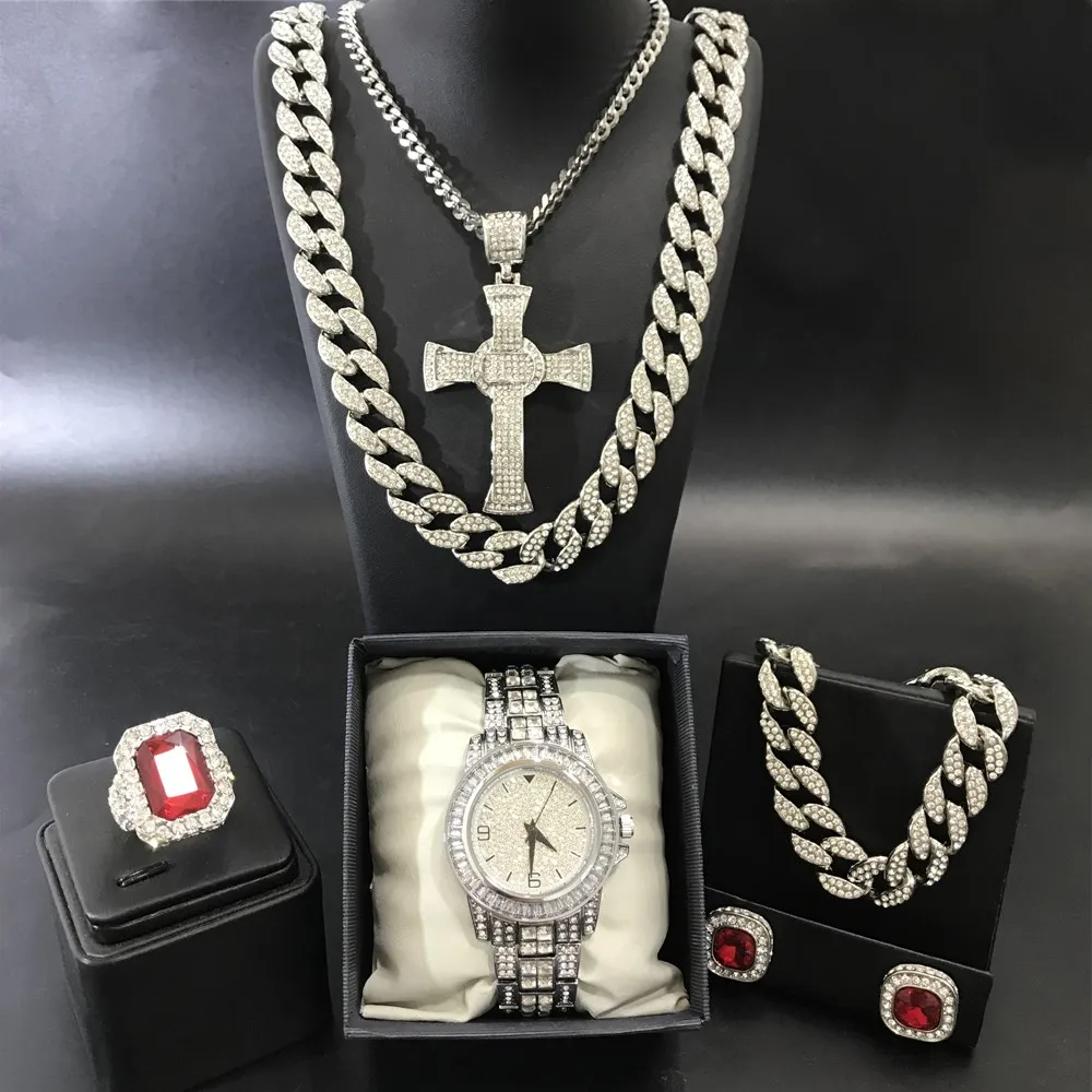 Роскошные мужские часы серебряного цвета, ожерелье, браслет, кольцо и серьги, комплект из кубинской бижутерии со стразами для мужчин