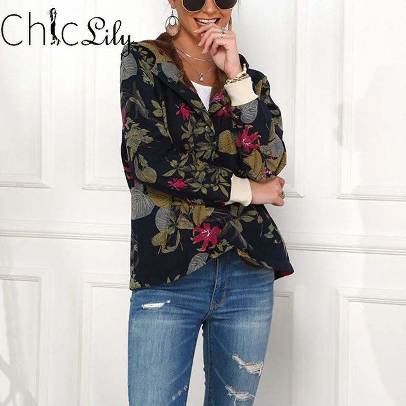 

Chiclily Floral Printed Hooded Vintage Plush Coat Long Sleeve Oversize Warm Winter Womens Pockets Jacket Vintage
