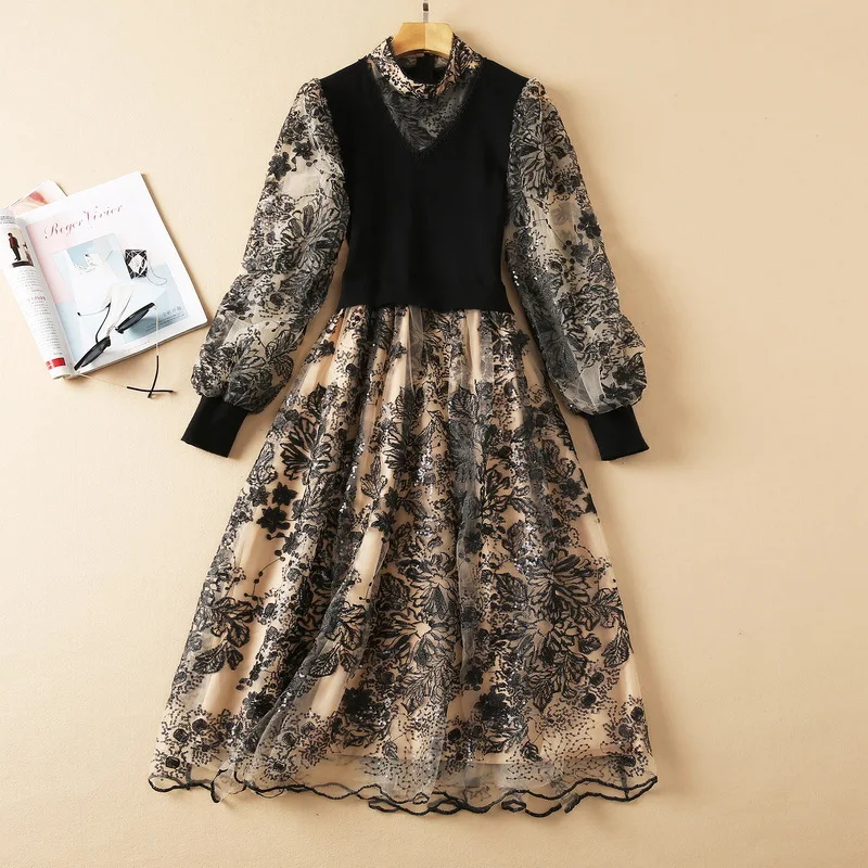 

European and American women's wear new autumn 2022 Long sleeve lantern sleeve knit stitching embroidery Fashion dress