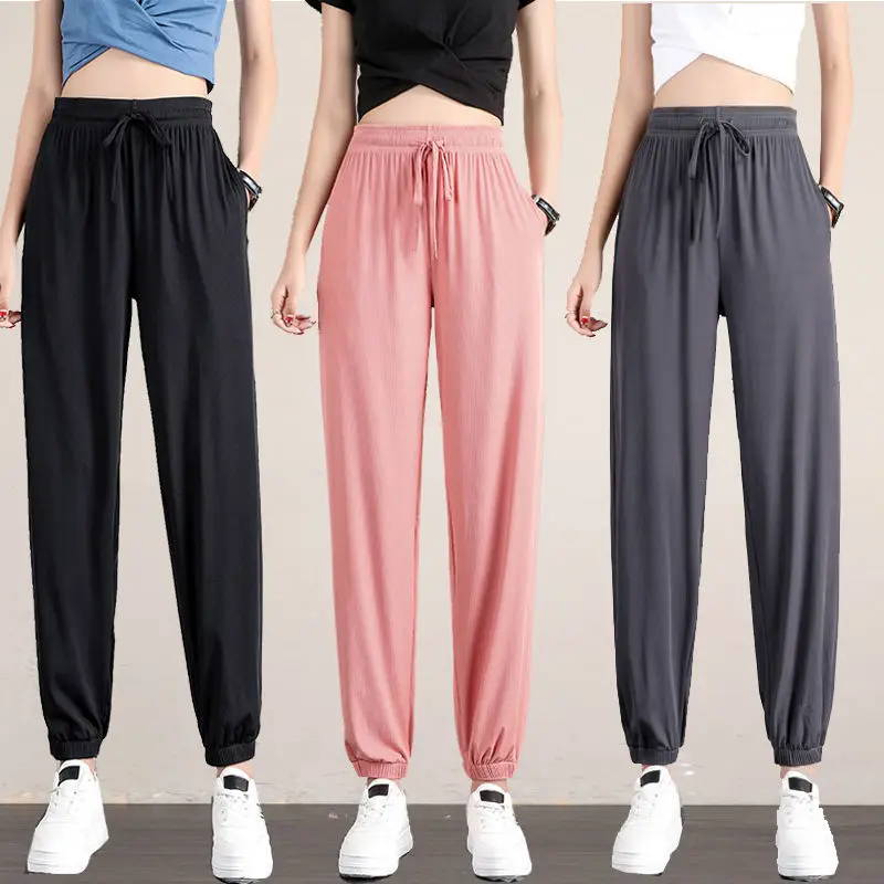 Large Size Ice Silk Sports Pants Women's Loose-fitting Feet Summer Thin Casual Pants Drape Was Thin Wide-leg Bloomers Tide