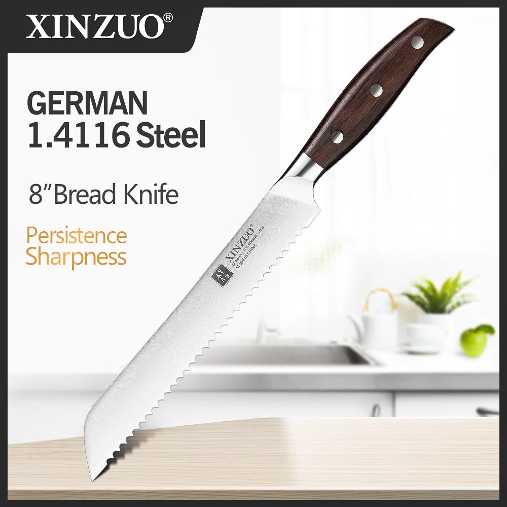 

XINZUO Germany 1.4116 Steel 8'' inch Serrated Bread Kitchen Knives Steel Serrated Design Cutter For Cutting Bread Cheese Cake