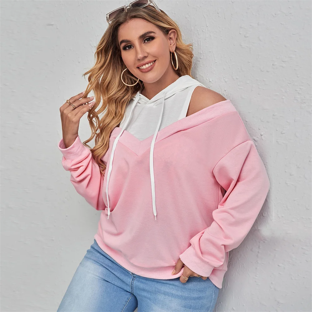 

Solid Color Cool Shoulder Sweater Fake Two-Piece Shirt Women Oversize Hooded Sweatshirt Top Female Long Sleeve Tracksuit Clothes