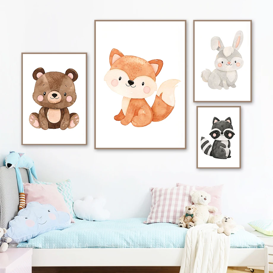 

Енот лиса кролик белка джунгли животные настенное искусство скандинавские плакаты и принты Детская комната Декор домашний декор HD холст жи...