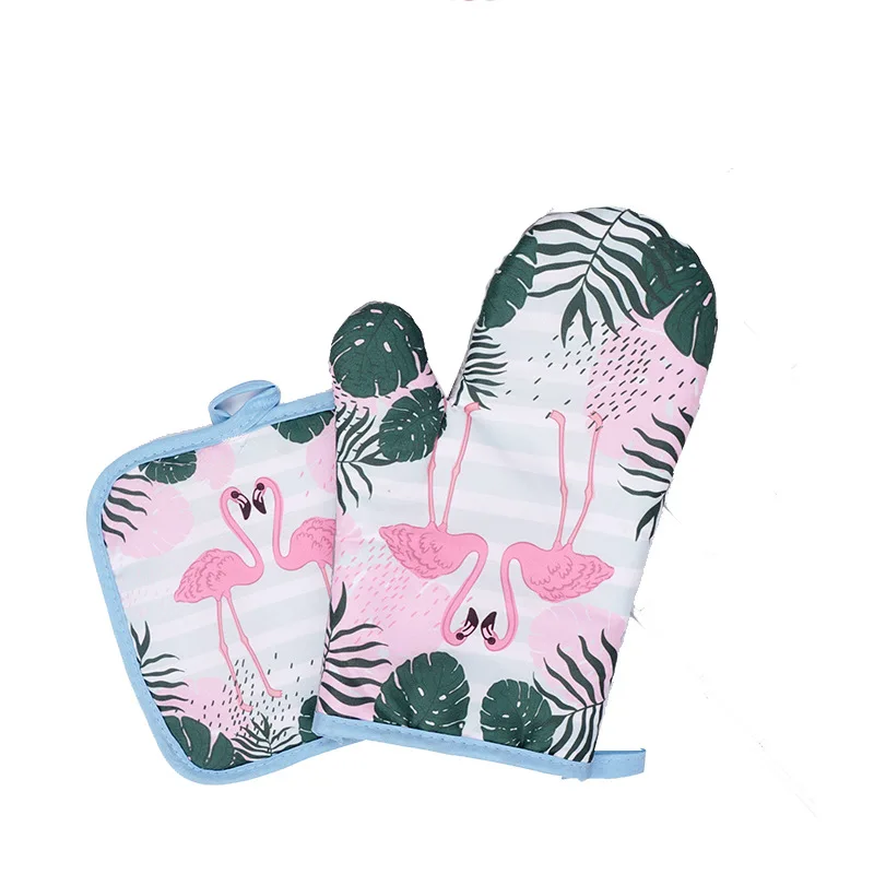 

2PCS 1 Set Cotton Fashion Flamingo Kitchen Pad Cooking Microwave Baking BBQ Oven Potholders Oven Mitts Kitchen Gloves Mitts