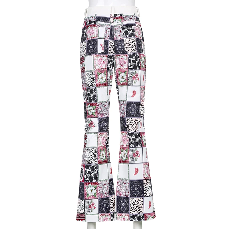 

Patched Floral Y2k Female Plaid Flare Pants Fashion Women Casual 2021 Harajuku Long High Waist Trousers White Sweatpants Capri