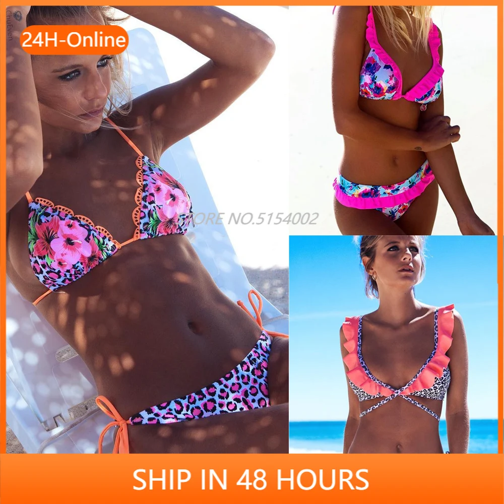 

Ruffle Bikini Set 2021 Summer Padded Printed Floral Push Up Swimsuit for Women Sexy Bandeau Female Leopard Bathing Suit Biquini