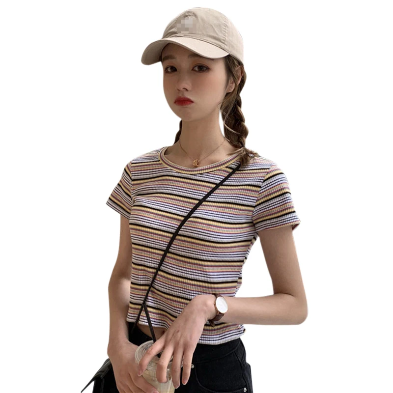 

2021 Spring and Autumn New Korean Style Women's All-Match Rainbow Striped Fitted Short T-shirt Student Undershirt Fashionable