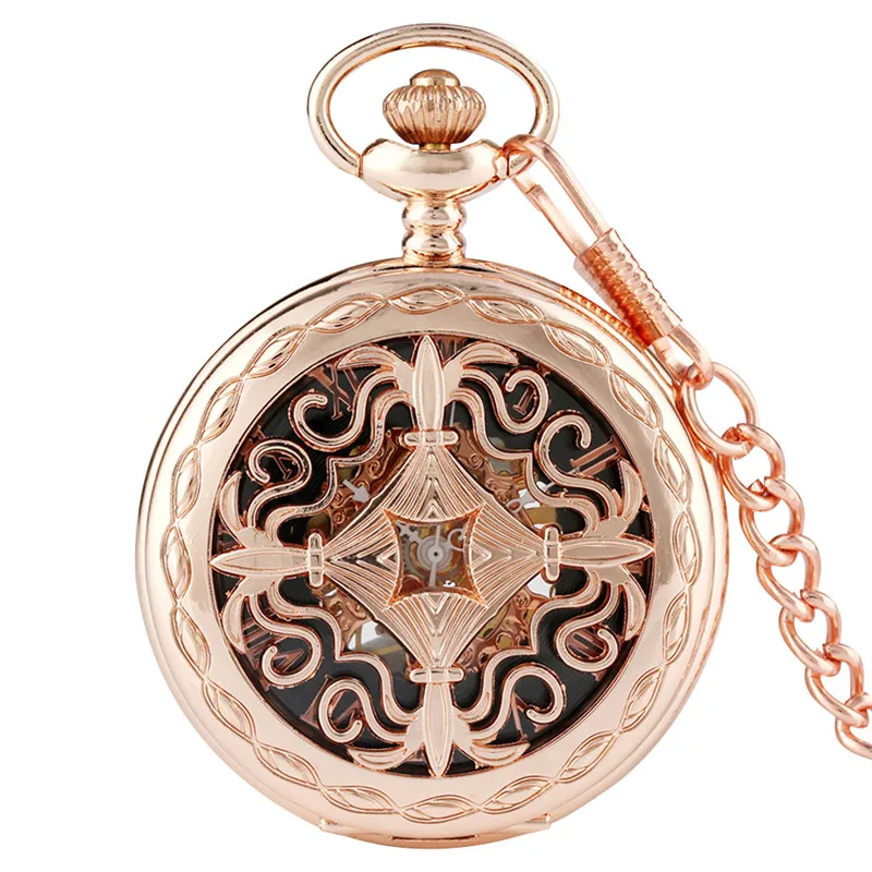Retro Rose Gold Hollow Out Case Men Women Hand-winding Mechanical Pocket Watch Roman Numberal Skeleton Clock Pendant Chain Gift