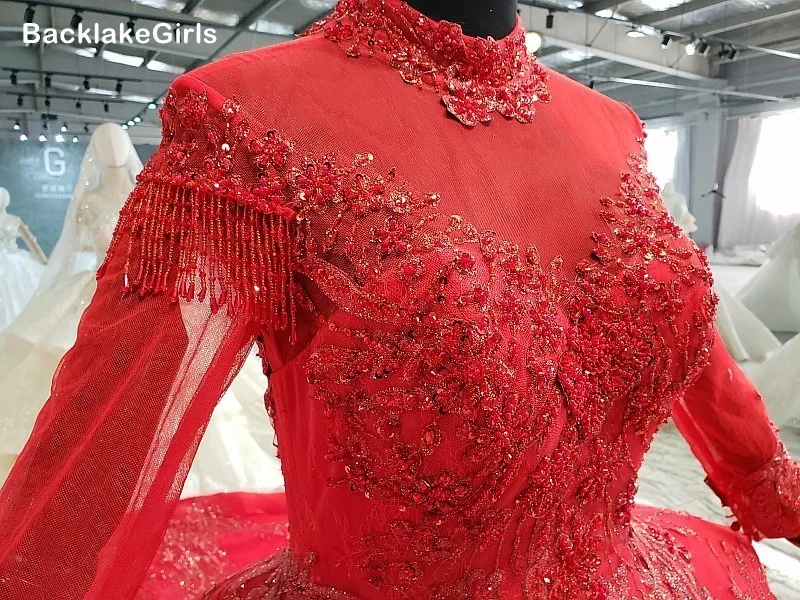 Red Special Dubai Puffy Party Dresses High Neck Long Tulle Sleeve Lace Up Back Wedding Can Make For Muslim | Свадьбы и торжества
