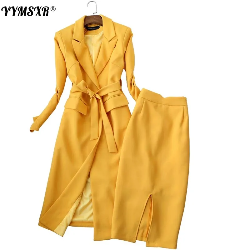 

Temperament Women's Suit Skirt Set Two-piece Autumn and Winter High Quality Yellow Long Ladies Coat Jacket Slim Skirt Black2021