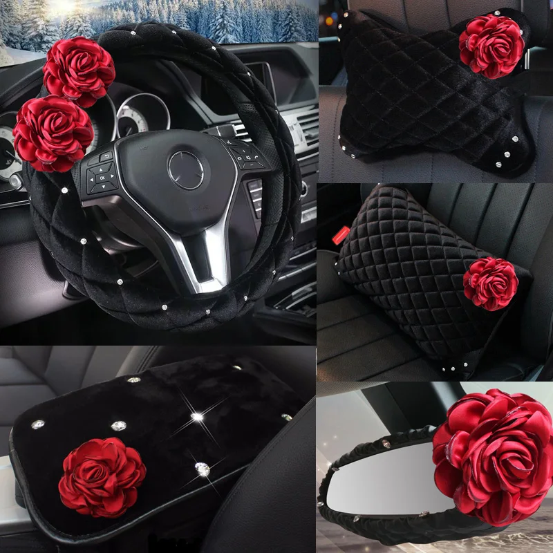 

Red Rose Plush Diamond Female Handbrake Cover Gear Shift Collars Waist Pillow Neck Pillow Car Interior Ornaments Winter