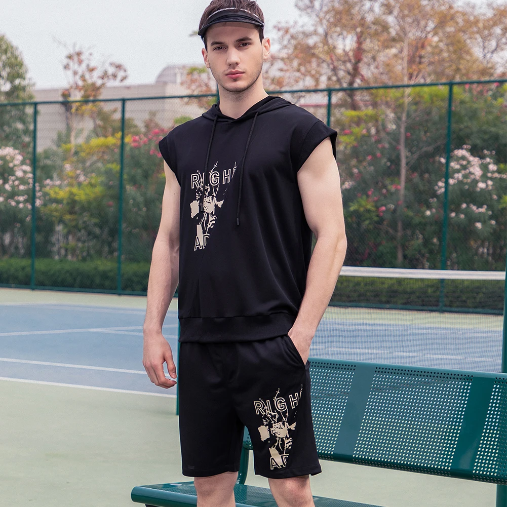 

Hooded Short-Sleeved Shorts Two-Piece Set Of Spring And Summer Solid Color Trend Printing Fashion Tether Shorts Cool Suit Men