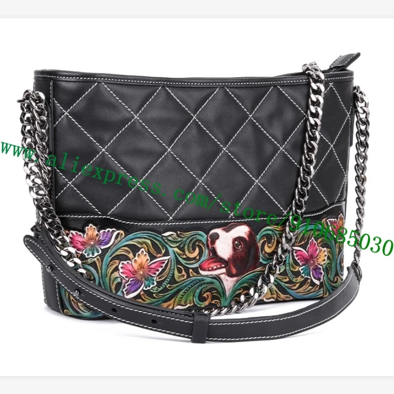

Unique! 100% Hand-Painting Crafted Dyeing Carving Lady Black Italy Imported Leather Shoulder Bag Women Handbag Bucket Quilted