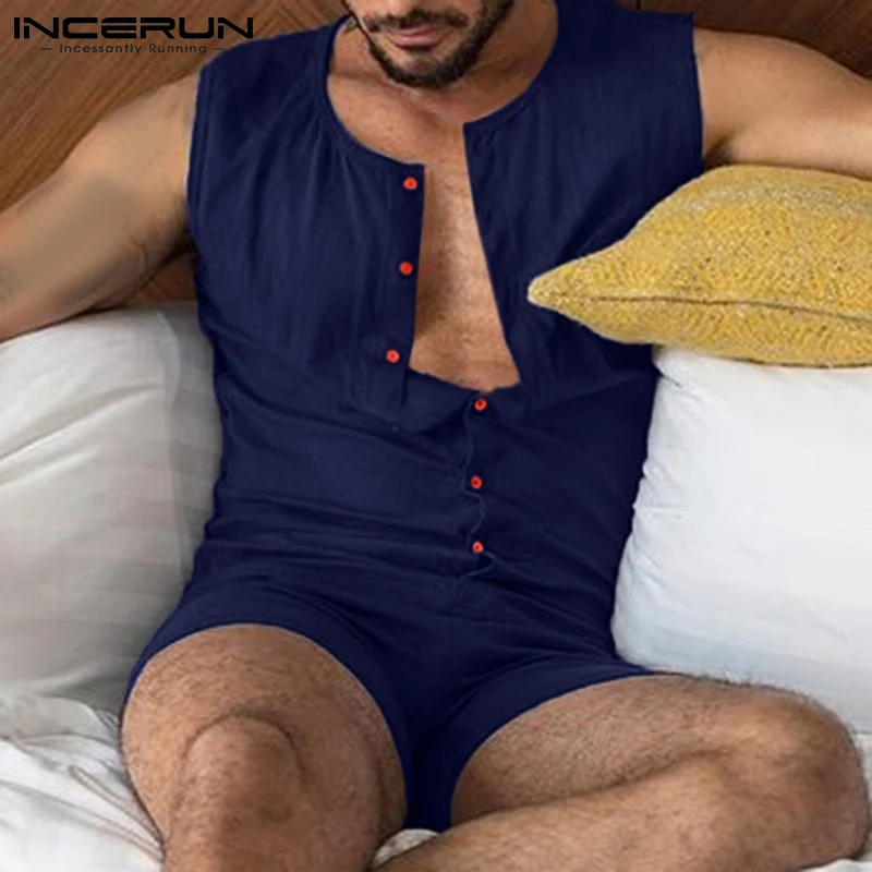 

Men Pajamas Rompers Solid Color O-neck Sleeveless Button Sexy Playsuits Homewear 2022 Fitness Cozy Men Jumpsuits S-5XL INCERUN