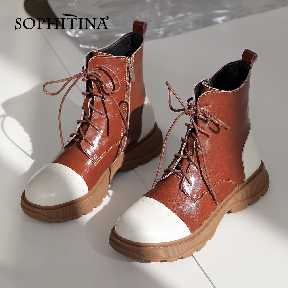 Jual SOPHITINA Sepatu Bot Wanita Baru Musim Gugur Sepatu Bot Pergelangan Kaki Datar TPR Renda Cocok Warna Retro High-Top Sepatu Wanita Kulit Asli HO323
